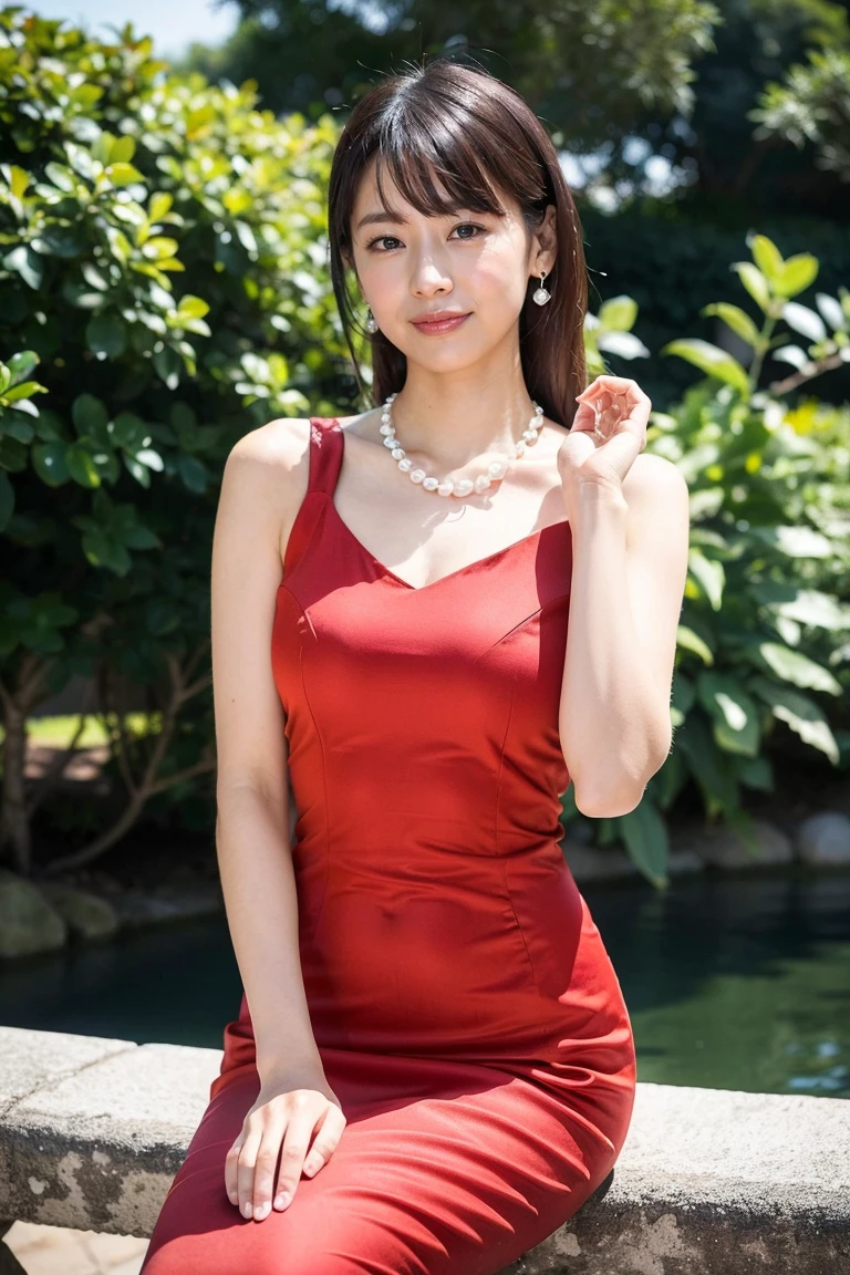 ((8K、High resolution、Highest quality、High resolution)))、alone、Natural body shape、White skin、Natural Makeup、((Hime cut))、((Crimson mermaid dress))、(Pearl Necklace、Pearl Earrings)、Looking into the camera、bangs、Head to shin portrait、(Thighs)、smile