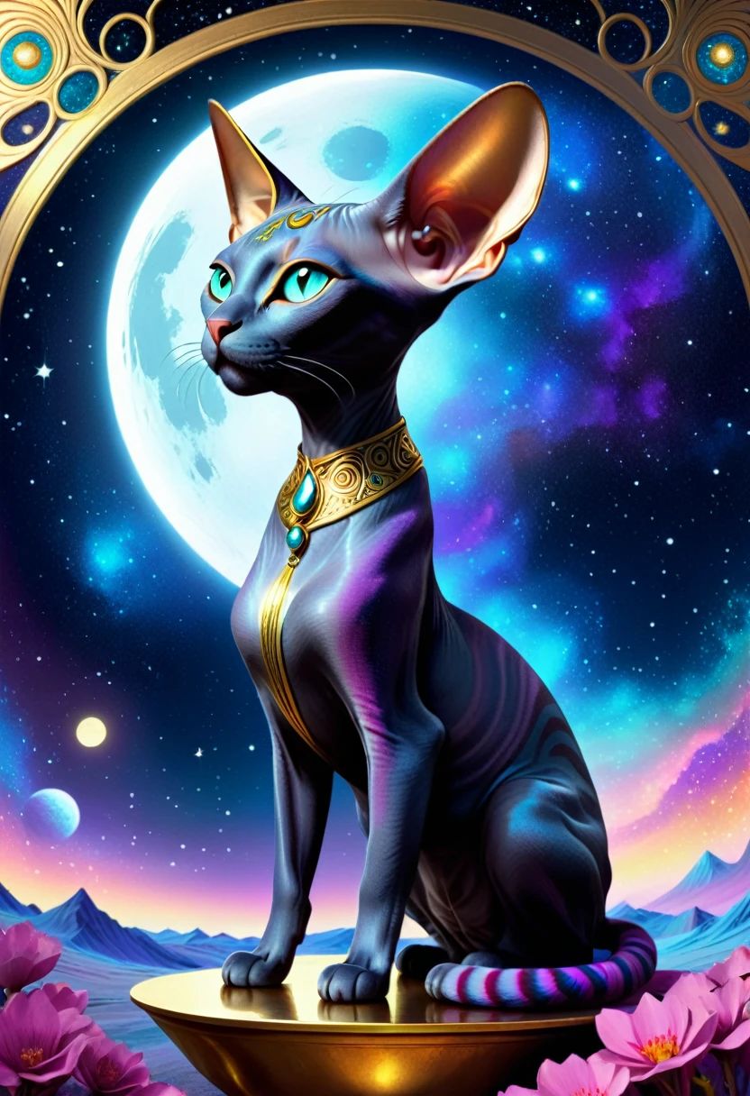 a high quality digital illustration of a Sphynx cat in a cosmic setting, with gold accents, inspired by the styles of Isabelle and Okumura Masanobu, detailed furless texture, vibrant colors, fantasy art, mystical, glowing elements, intricate patterns, medium shot, character design, art nouveau influences, moonlight shadows, ornate details
