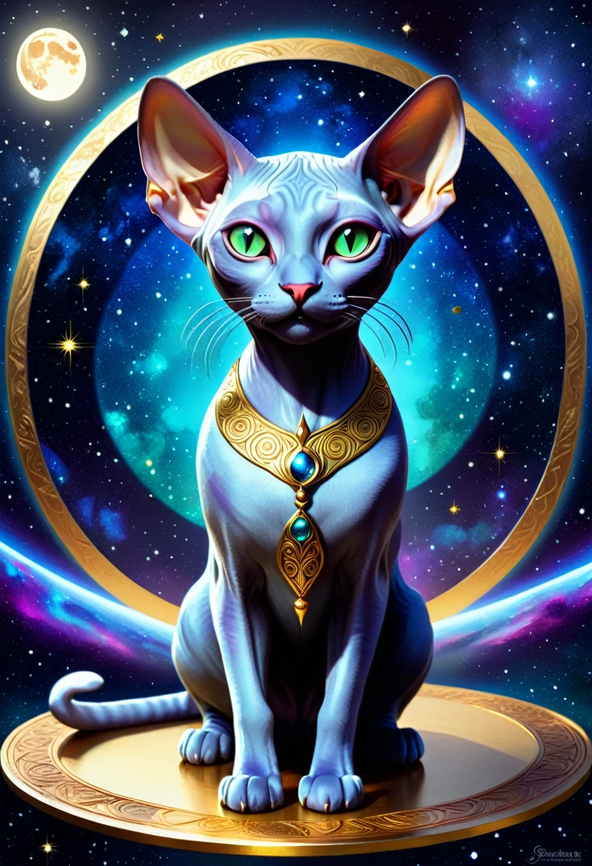 a high quality digital illustration of a Sphynx cat in a cosmic setting, with gold accents, inspired by the styles of Isabelle and Okumura Masanobu, detailed furless texture, vibrant colors, fantasy art, mystical, glowing elements, intricate patterns, medium shot, character design, art nouveau influences, moonlight shadows, ornate details
