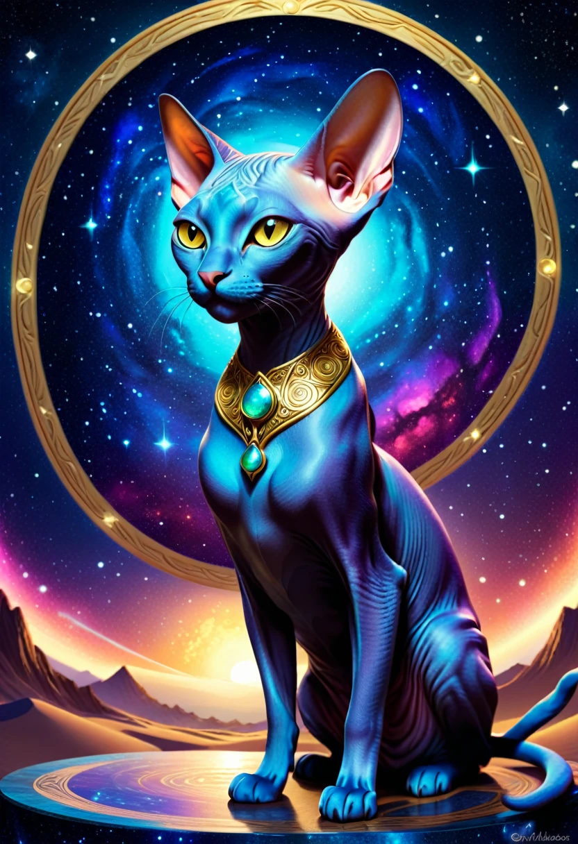 a high quality digital illustration of a Sphynx cat in a cosmic setting, with gold accents, inspired by the styles of Isabelle and Okumura Masanobu, detailed furless texture, vibrant colors, fantasy art, mystical, glowing elements, intricate patterns, medium shot, character design, art nouveau influences, moonlight shadows, ornate details
