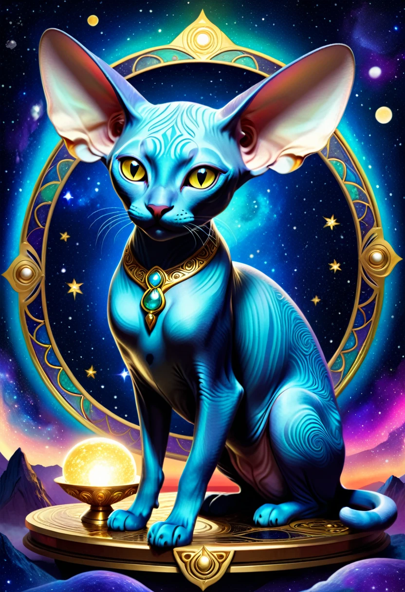 a high quality digital illustration of a Sphynx cat in a cosmic setting, with gold accents, inspired by the styles of Isabelle and Okumura Masanobu, detailed furless texture, vibrant colors, fantasy art, mystical, glowing elements, intricate patterns, medium shot, character design, art nouveau influences, moonlight shadows, ornate details
