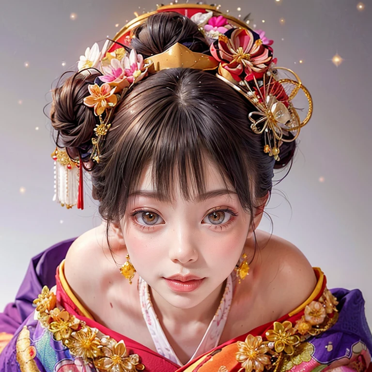 (PUNIPUNI clavicle KIMONO ((offshoulder)) KANZASHI FlowerHairpins Topknot TwinBun Oiran-Hair)High-level, 8K Masterpiece TopQuality, Ultra-detailed CG, Absurd detailed wallpaper, PerfectLighting, Extremely detailed (((Personifying " OIRAN " as a KAWAII Girl))), Characteristic Items, aesthetic LifeLike Rendering, MysticSight, Haze Tyndall Scattering, (Studio GRAY Background with (Oodles Dazzling Iridescent 🌈Particles (BokeH))), (((Assfocus)) RoundlyButt) ThighGap, (Exposed:0.44) 🔞 BREAK (Acutance:0.8), (NOGIZAKA FaceVariations) Extremely Detailed very KAWAII FaceVariations, Childish CaptivatingGaze ElaboratePupils ParfectEyes with (SparklingHighlights:1.28), (Voluminous LongEyelashes:0.88), 💄💋✨ GlossyRedLips with BeautifulDetails, CoquettishTongue, PUNIPUNI RosyCheeks, Radiant PearlSkin with Transparency, Glowing DowneyHair . { (Dynamic LifeLike expressions:1.4) | (:d) }, (large eyes:-1) .