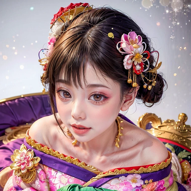 (PUNIPUNI clavicle KIMONO ((offshoulder)) KANZASHI FlowerHairpins Topknot TwinBun Oiran-Hair)High-level, 8K Masterpiece TopQuality, Ultra-detailed CG, Absurd detailed wallpaper, PerfectLighting, Extremely detailed (((Personifying " OIRAN " as a KAWAII Girl))), Characteristic Items, aesthetic LifeLike Rendering, MysticSight, Haze Tyndall Scattering, (Studio GRAY Background with (Oodles Dazzling Iridescent 🌈Particles (BokeH))), (((Assfocus)) RoundlyButt) ThighGap, (Exposed:0.44) 🔞 BREAK (Acutance:0.8), (NOGIZAKA FaceVariations) Extremely Detailed very KAWAII FaceVariations, Childish CaptivatingGaze ElaboratePupils ParfectEyes with (SparklingHighlights:1.28), (Voluminous LongEyelashes:0.88), 💄💋✨ GlossyRedLips with BeautifulDetails, CoquettishTongue, PUNIPUNI RosyCheeks, Radiant PearlSkin with Transparency, Glowing DowneyHair . { (Dynamic LifeLike expressions:1.4) | (:d) }, (large eyes:-1) .