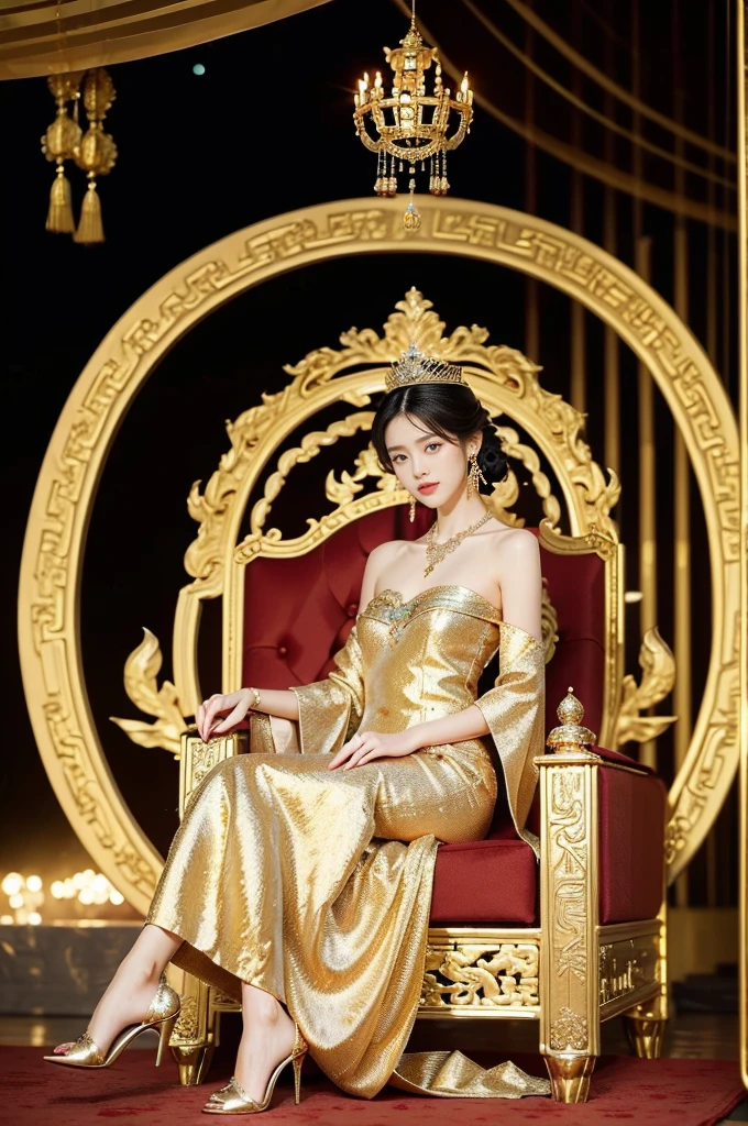 (((best quality))),(((ultra detailed))),(((masterpiece))),illustration,1 girl,solo,slim,thin,shoulder length straight bob hair,earrings,necklace,small breasts,flat chest,slender legs,high heels,Asian appearance,princess,royal,Chinese palace,night scene,magnificent dragon gown,golden crown,intricate embroidery,luxurious fabric,precious stones,(sitting on the metallic throne:1.3),decorative patterns,rich decorations,luxurious furnishings,regal charm,beautiful face,gentle smile,bright eyes,historical,traditional,city lights,modernity,frozen moment,beauty of the past,evolution of time,from front,full body,arms behind back