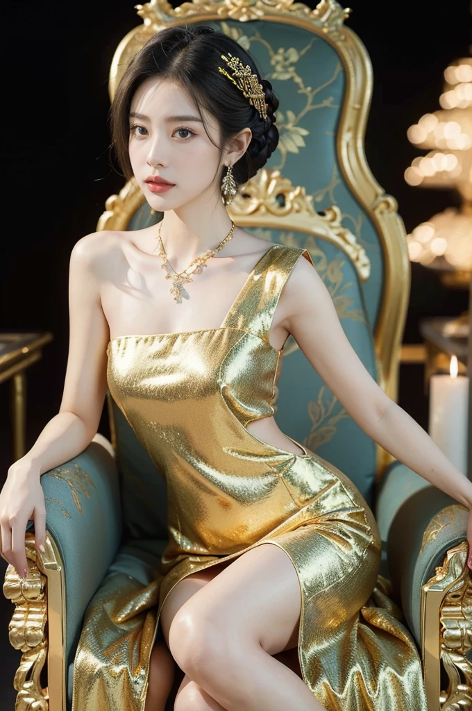 (((best quality))),(((ultra detailed))),(((masterpiece))),illustration,1 girl,solo,slim,thin,shoulder length straight bob hair,earrings,necklace,small breasts,flat chest,slender legs,high heels,Asian appearance,princess,royal,Chinese palace,night scene,magnificent dragon gown,golden crown,intricate embroidery,luxurious fabric,precious stones,(sitting on the metallic throne:1.3),decorative patterns,rich decorations,luxurious furnishings,regal charm,beautiful face,gentle smile,bright eyes,historical,traditional,city lights,modernity,frozen moment,beauty of the past,evolution of time,from front,full body,arms behind back