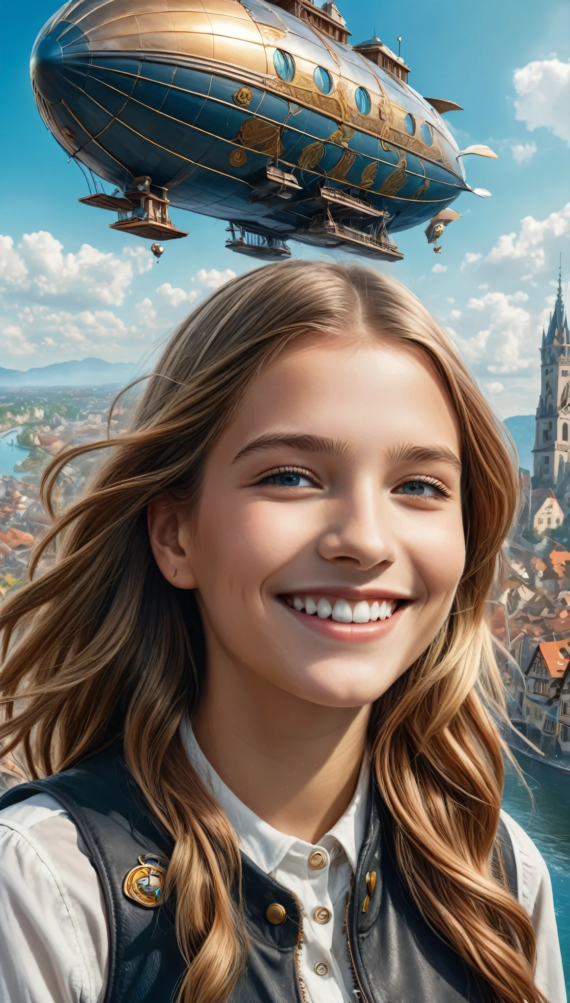 Many islands are floating in the air, A small airship is flying around, City, Fantasy, Extreme Detail, Realistic Light, A magnificent composition, (Intricate details), (Intricate Design, Super detailed :1.2), Art Station, (masterpiece, Highest quality), Ultra HD, 32K  (Close-up portrait of 16yo beautiful Half German girl is smiling at viewers:1.6)