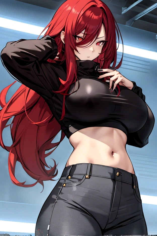 Anime girl,milf,wearing a croptop,with jeans,red possessed eyes and wearing black jogging pants