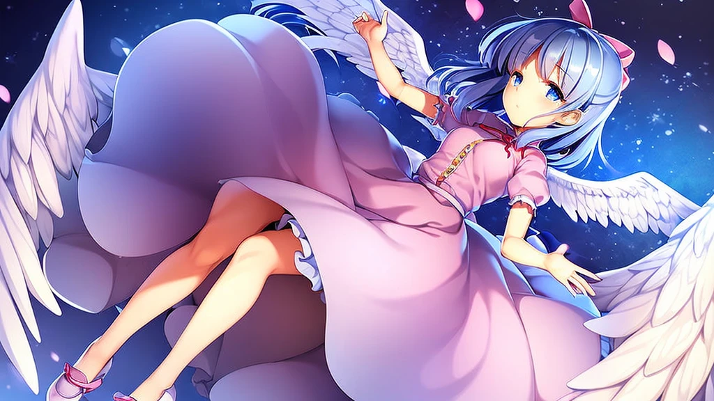 masterpiece, best quality, 1girl, , , 10 years old, medium blue hair, hair flaps, pink ribbon on head, well-formed face, blue eyes, angel girl, white blouse, puffy short sleeves, red ribbon, angel wings, long white skirt, red shoes, frills, ribbon head
