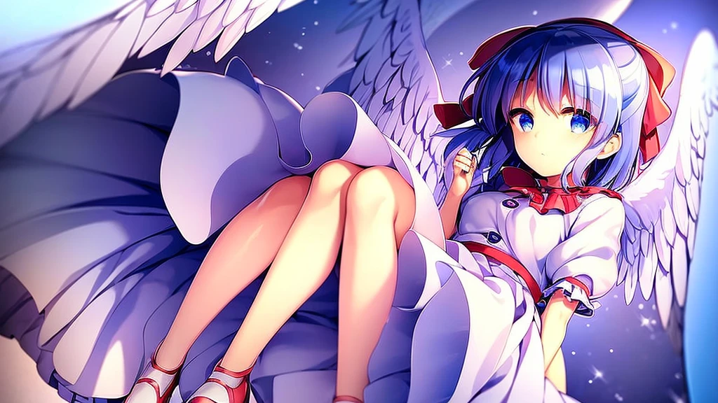 masterpiece, best quality, 1girl, , , 10 years old, medium blue hair, hair flaps, pink ribbon on head, well-formed face, blue eyes, angel girl, white blouse, puffy short sleeves, red ribbon, angel wings, long white skirt, red shoes, frills, ribbon head