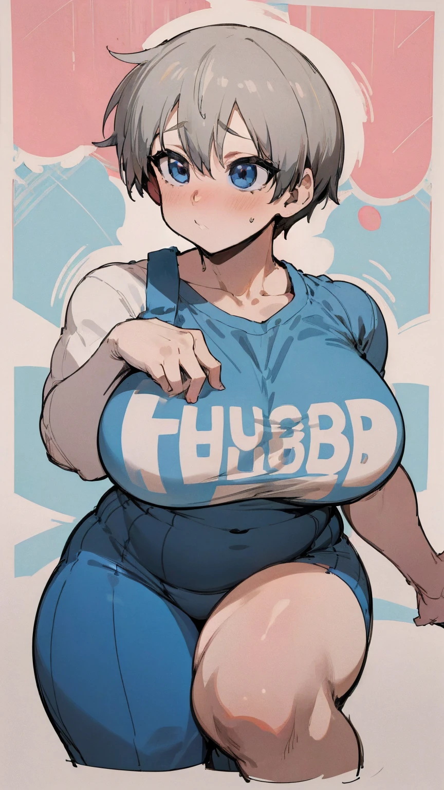 masterpiece, best quality, ultra-detailed, Potrait of beautiful , (chubby) (muscular), (plump), (sexly), (cleavage), ((tomboy)), (アニメ), (Breasts), (Plump), ((very short hair)), ((Uzaki Hana)), (overweight), (Gray Hair) (Torn clothes), ((Saggy breasts)), (blue eyes), (Short Hair), (blue eyes), ((thick)), (fullbody), (Bilibili clothes), 