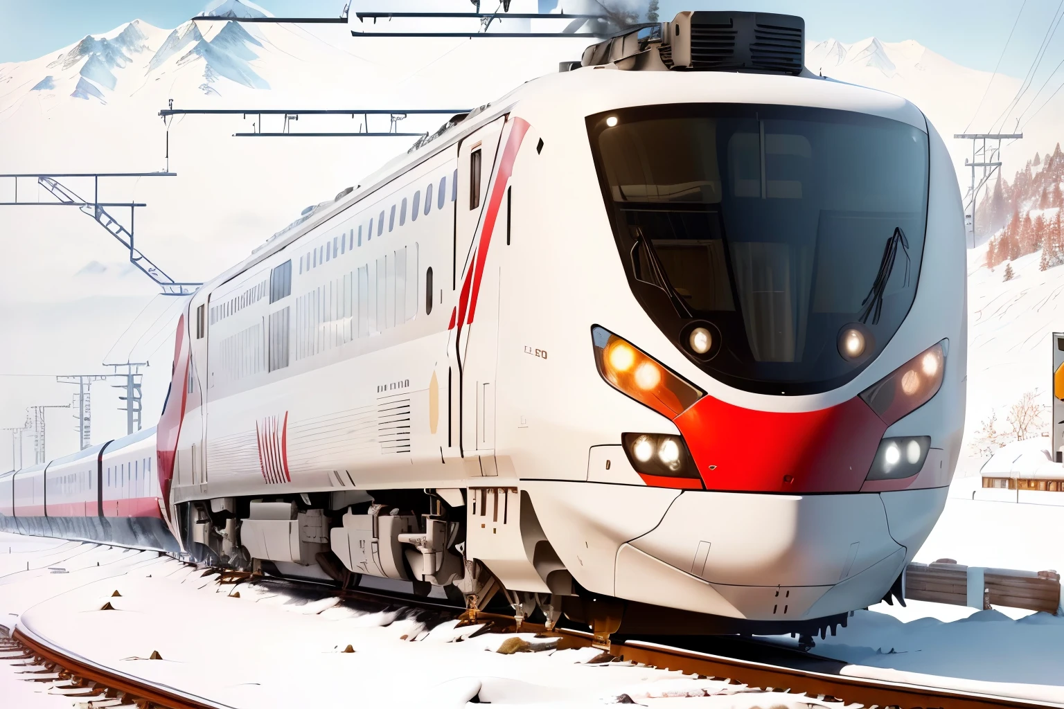 araffe train on the tracks in the snow with mountains in the background, bullet train, high speed trains, 🚿🗝📝, photograph taken in 2 0 2 0, supersonic trains and passengers, けもの, photo taken in 2 0 2 0, white and red color scheme, tgv, train far, jr sc maglev