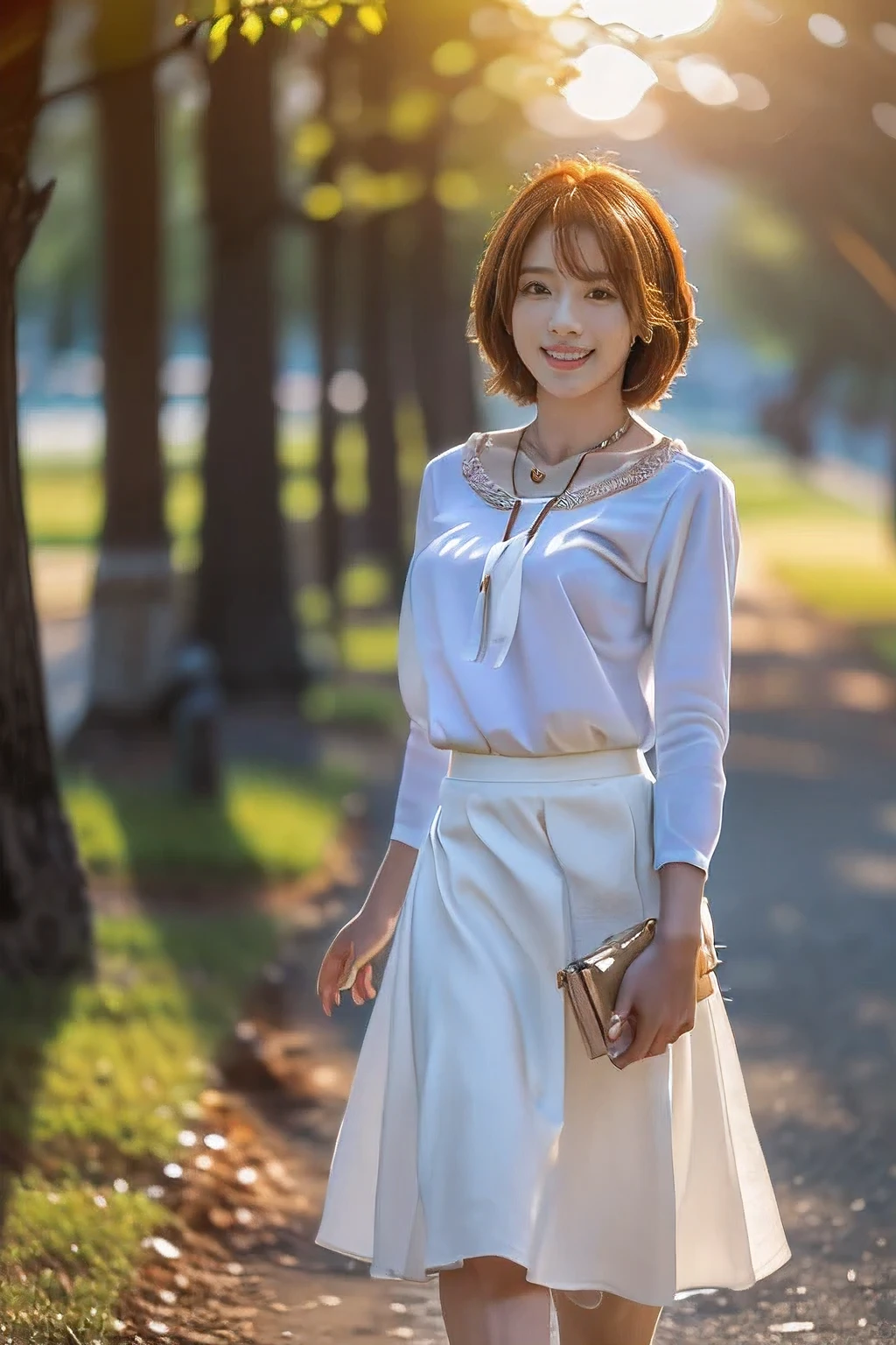 (Walking with a in the park:1.5)、(A gentle smile facing the child:1.5)、(18 year old woman with children:1.5)、(The best quality at its best:1.4), (Super detailed), (Very detailed CG unified 16k), Beautiful woman with perfect figure: 1.4, Sharp focus: 1.2, Very detailed, High-quality RAW color photos, Professional photography, Great face and eyes, cosmetics, (Amazingly beautiful girl), ((White blouse with long flare skirt:1.5)), Realistic movie faces, Full body long view from head to toe, Realistic, ((Realistic natural orange red hairstyle)), ( Short Bob Hair:1.5), (necklace:1.5)、, Very beautiful face, Perfect model beauty, Mouth swelling, Highly detailed face and skin texture, Fine grain, double eyelid, Medium chest, (masterpiece), Highest quality, High resolution, Very detailed, Blurred Background, Depth of written boundary, Cinema Lighting, Great legs, , Clear, well-maintained skin,((Full body shot from head to toe:1.5))