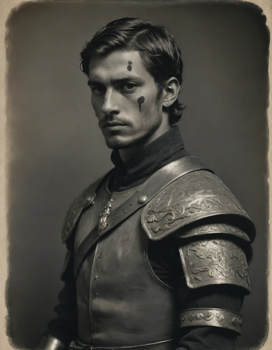 by Moebius, by Théodore Géricault, ((((Rough monochrome, daguerreotype on old paper)))), (half body of a young male Roman soldier, confident, brunette, bronze skin, rascal, arrogant, sad), (((with face tattoos))), wearing black and red, silken Roman uniform, armor lorica with ronin elements, red diamond symbology, moth symbology. Jungle background.