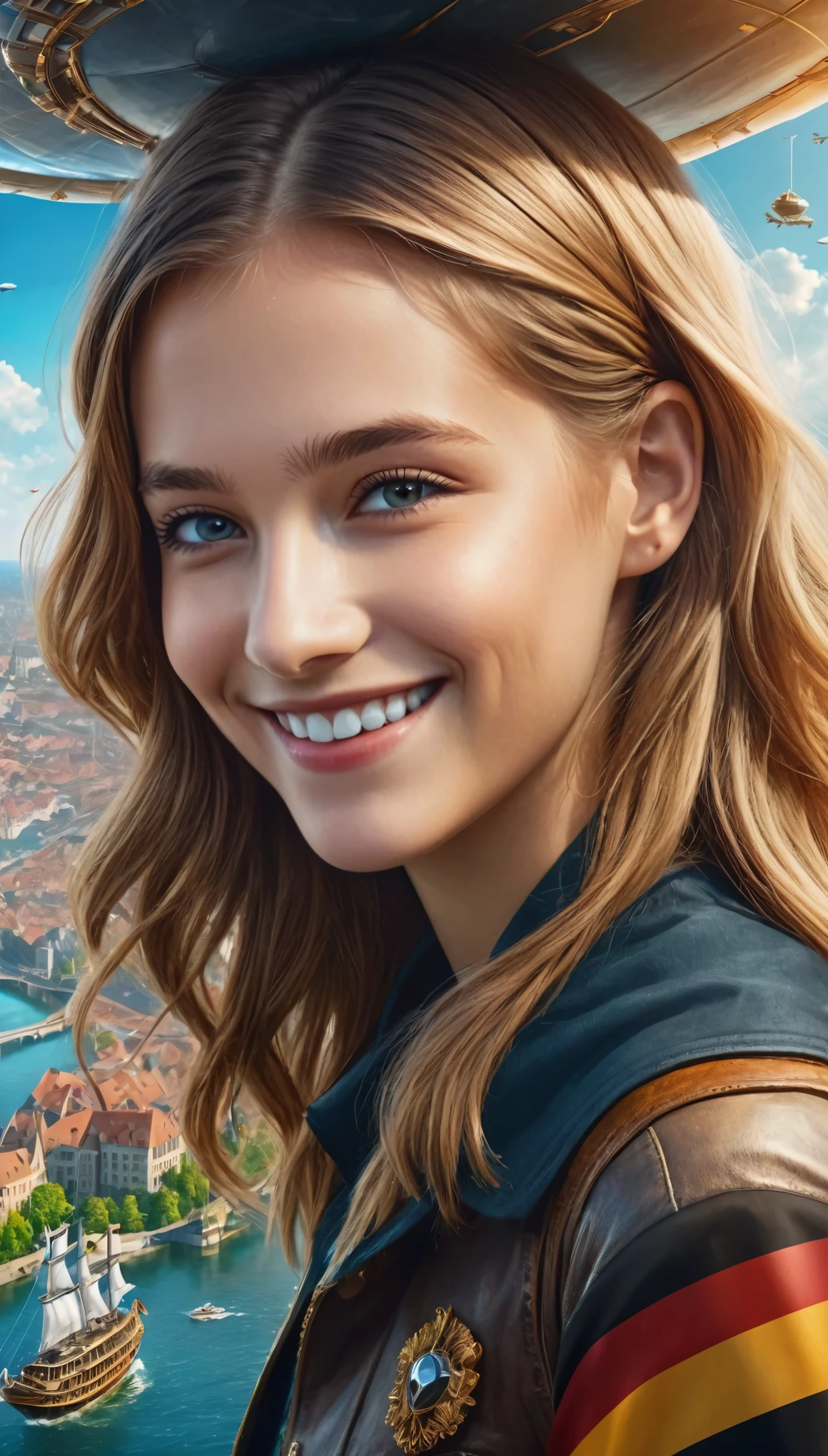 Many islands are floating in the air, A small airship is flying around, City, Fantasy, Extreme Detail, Realistic Light, A magnificent composition, (Intricate details), (Intricate Design, Super detailed :1.2), Art Station, (masterpiece, Highest quality), Ultra HD, 32K (Close-up portrait of 16yo beautiful Half German girl is smiling at viewers:1.6)