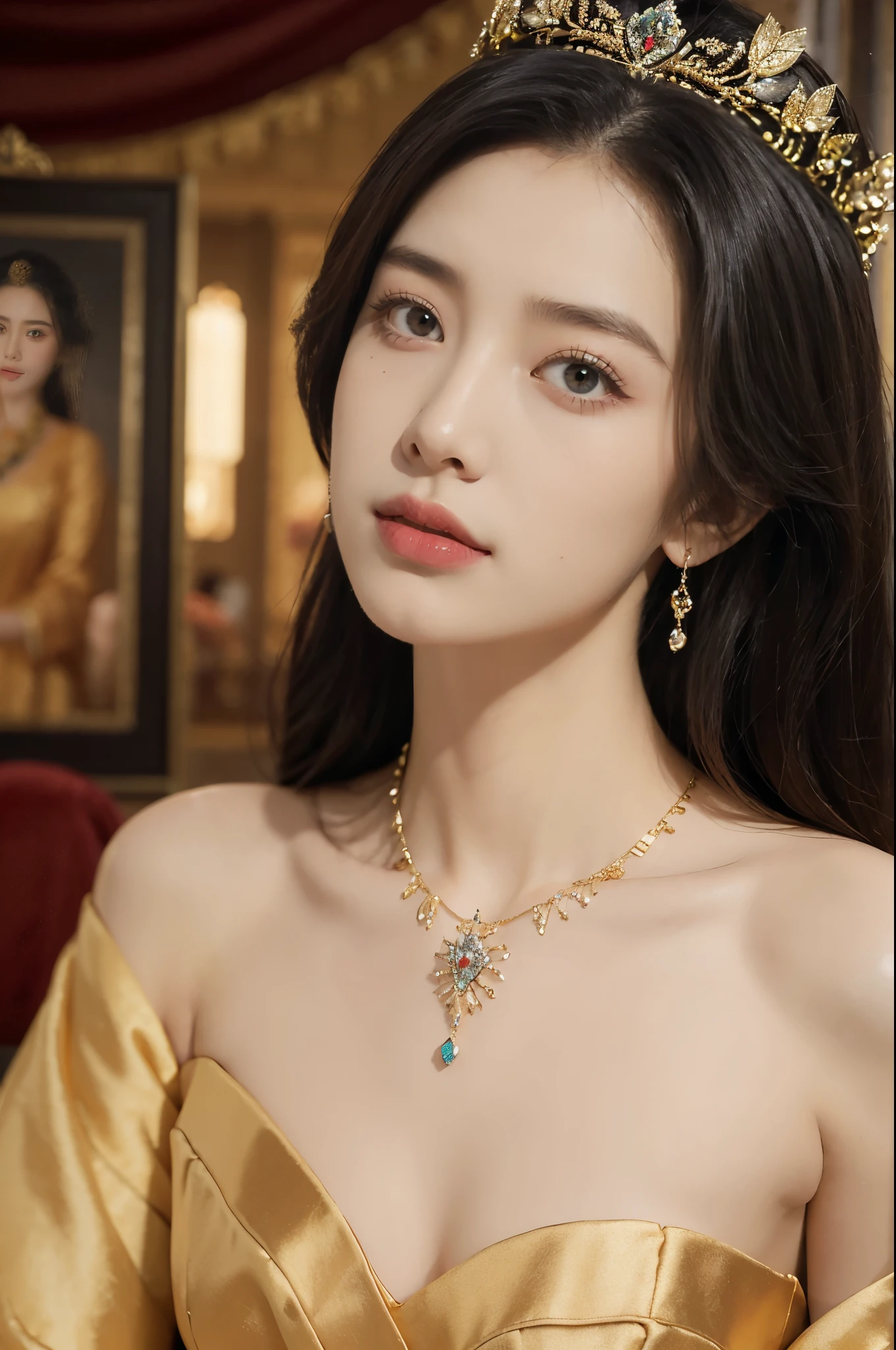 (((best quality))),(((ultra detailed))),(((masterpiece))),illustration,1 girl,solo,slim,thin,shoulder length straight bob hair,earrings,necklace,small breasts,flat chest,Asian appearance,princess,royal,Chinese palace,night scene,strapless magnificent bra,golden crown,intricate embroidery,luxurious fabric,precious stones,decorative patterns,rich decorations,luxurious furnishings,regal charm,beautiful face,gentle smile,bright eyes,historical,traditional,city lights,modernity,frozen moment,beauty of the past,evolution of time,from front,close-up of face