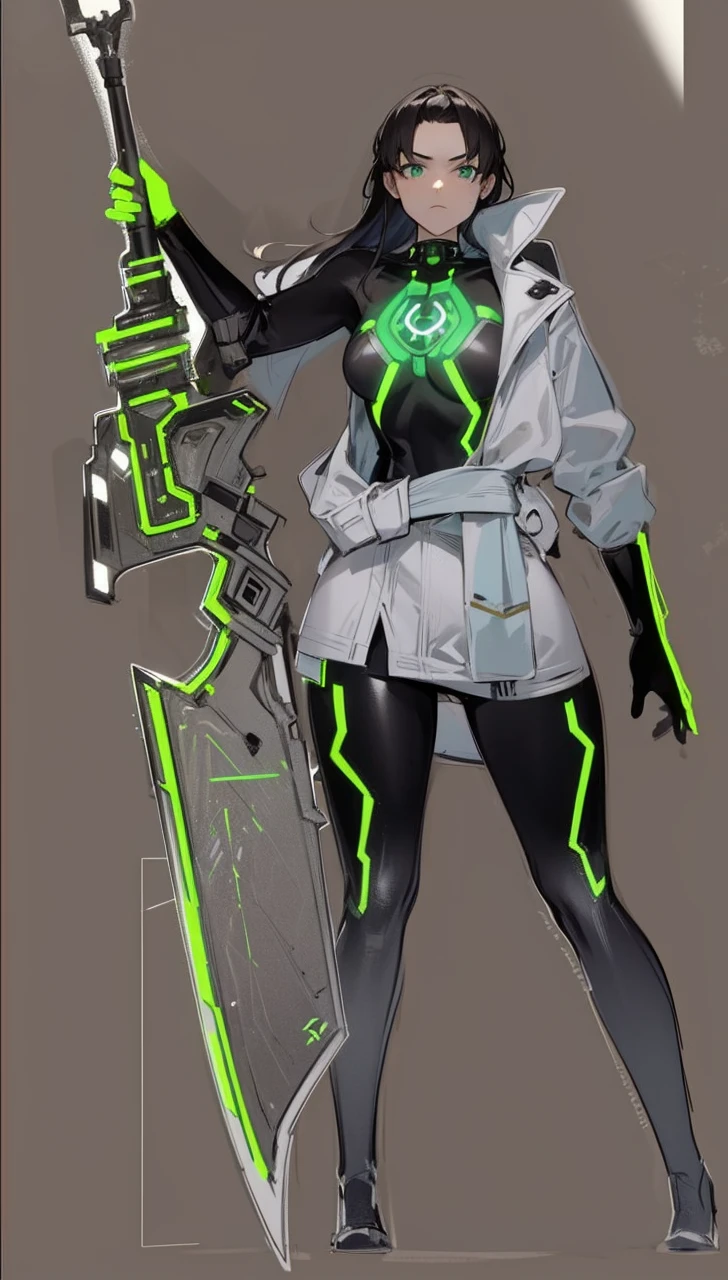 The image shows a young woman with dark hair, dressed in a combination of futuristic and technological clothing. She holds a large sword with intricate, luminous details in neon green.
### Suit Details:
- **chest**: In the center of the chest is a luminous circular design that appears to be a power source or device., surrounded by patterns of luminous lines in green.
- **Jacket**: Wear a light colored jacket, possibly white or light gray, with a modern and loose design. The jacket is partially open, revealing the luminous device on his chest.
- **pants**: He wears tight dark-colored pants., with luminous green details that run along its legs. The pants appear to be made of a resistant and technological material.
- **Boots**: The boots are black and tall, with a design that matches the rest of the technological outfit.
### Weapon Details:
- **sword**: The young woman holds a large sword in her right hand. The sword has a robust and heavy design, with metallic details and hanging chains. The edges and some parts of the sword are illuminated in neon green, giving it a futuristic and powerful look.
- **Handle**: The sword's hilt also has green luminous details, suggesting that the weapon is infused with some type of energy or advanced technology.
### expression y POSTURE:
- **expression**: His expression is serious and determined, with eyes looking forward.
- **POSTURE**: She is standing, with a firm and confident posture. His left hand rests next to his body, while the right holds the sword with ease, showing his strength and skill.
The overall design of the image combines elements of modern fashion with advanced technology and futuristic weaponry. The neon green luminous details and large sword suggest that the young woman is equipped for combat in a futuristic, high-tech environment..