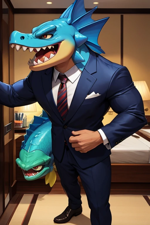 Hotel Manager,male,Murloc,With gills on the neck,Scaled arms,Broad shoulders,Bossy,Yelling,skin is brown,Muscular,Wearing a suit,Angry expression