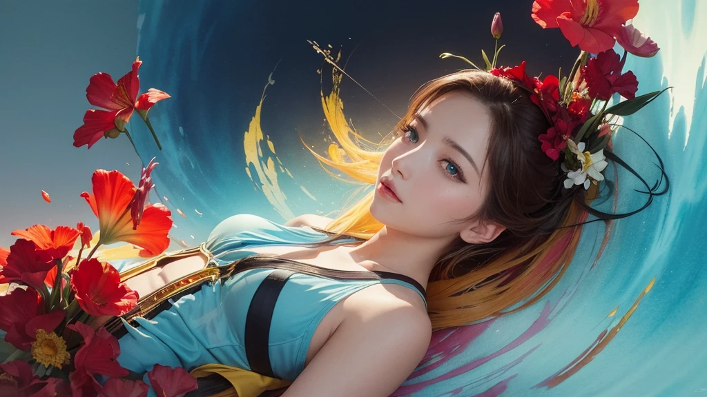 32k, Masterpiece, Highest quality, One girl, Detailed eyes, flower,gladiolus, Yellow and red style,A dreamy, romantic piece,Pale yellow, Mysterious Leaves,A playful arrangement,Fantasy,High Contrast,Ink strokes,explosion,Exposure, Impression of light blue and red tones,Abstract,((Watercolours by John Berkey and Jeremy Mann )) Brush strokes,Negative Space, Tyndall effect,