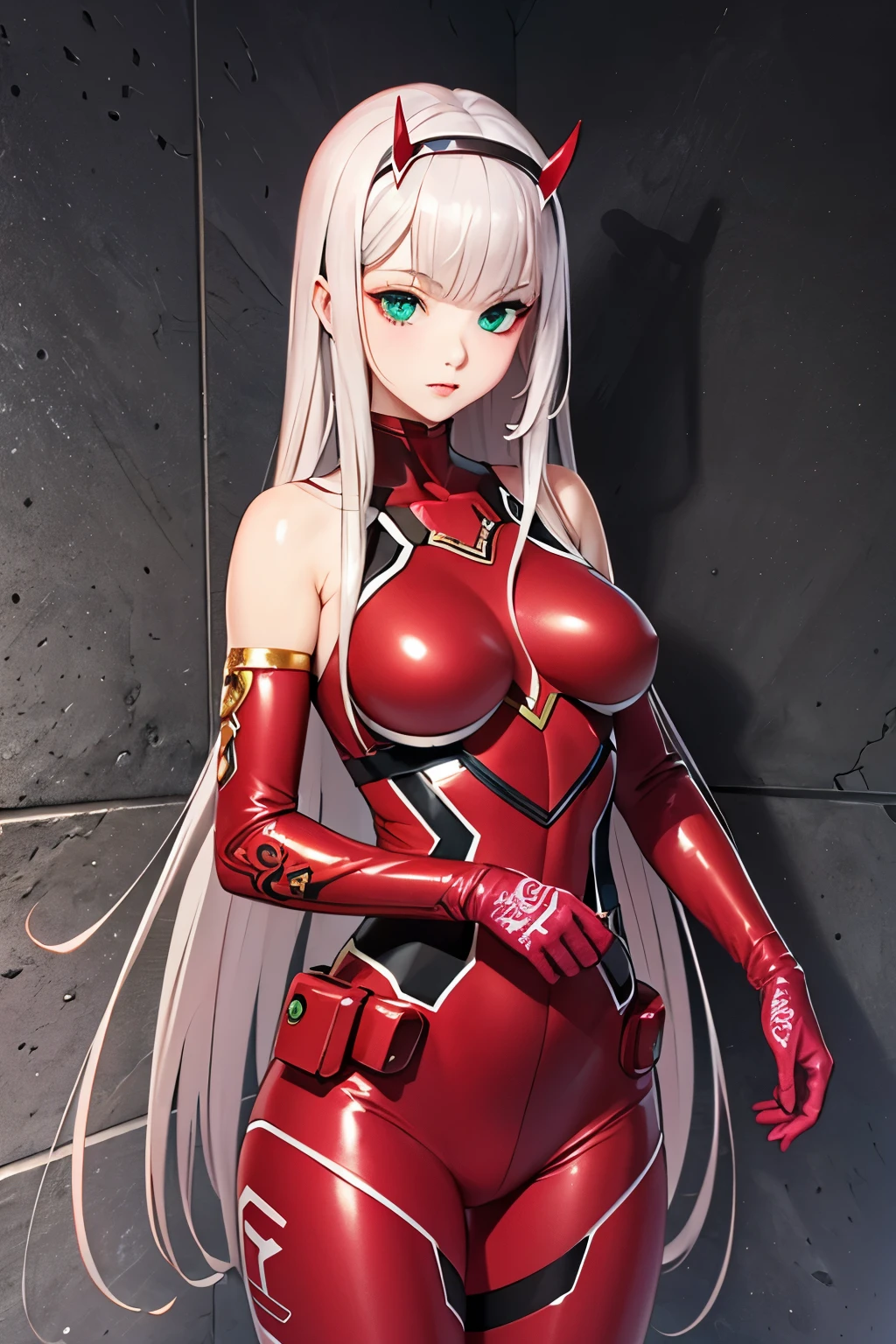 Masterpiece, top quality, best quality, official art, beautiful and aesthetic, anime, 1girl, Zero Two, extremely detailed, colorful, more detailed ((ultra-detailed)), (highly detailed CG illustration), big green eyes, red body suit, in middle