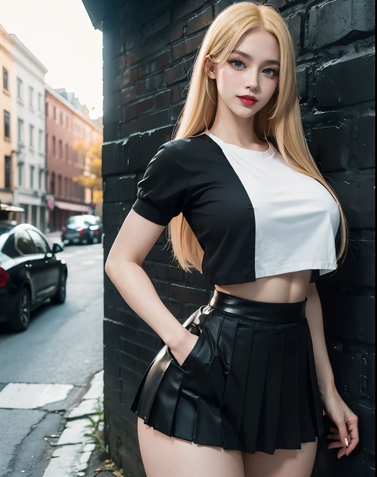 1girl, (Blue Eyes), (smiling :1.2), (black makeup :1.2), (long eyelashes :1.2), wide hips, (big tits), (big ass), (thin waist :1.2), (thick thighs), (toned legs :1.1), muscle, (Best Quality, 8k, Masterpiece: 1.3), Clear Focus: 1.2, Perfect Body Beauty: 1.4, (strong abs :1.2), Highly detailed face and skin texture, detailed eyes, double eyelids, (shiny skin :1.2), red lips, (long blonde straight hair :1.2), (white t-shirt :1.1), (black pleated skirt :1.2), (black long stocking :1.2), (closeup face :1.2), standing, dynamic pose, on the street, against a brick wall, out of focus background