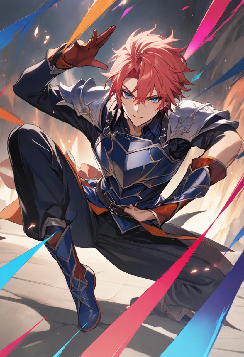 1boy,jrpg fantasy brave handsome man,rpg,bishounen,wearning knight armor and pants and armor legs,orange and pink and white and navy blue,japan anime,short hair,A dynamic pose of a breakdancer performing an impressive move,set in a visually striking and energetic composition,simple color,headspin,rpg fantasy,stylish effect,masterpiece, best quality, very aesthetic,absurdres,