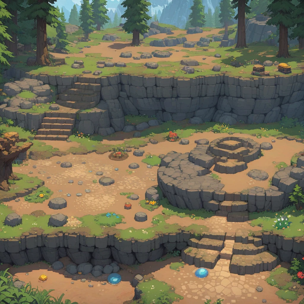 retro video game style,pixelated, vibrant pastel colors,8-bit characters,blocky shapes,sharp lines,detailed shading,classic gaming vibe,nostalgic atmosphere,classic arcade games,masterpiece:1.2,ultra-detailed,illustration style, 2d texture, stone texture, 4 k seamless mud texture, video game texture, dirt texture, tileset, game tiles, grass, trees, rock texture, detailed trees, topdown view, game texture, game art, tileable texture, very detailed cliff texture, intricate stones, top down view, 3/4th perspective