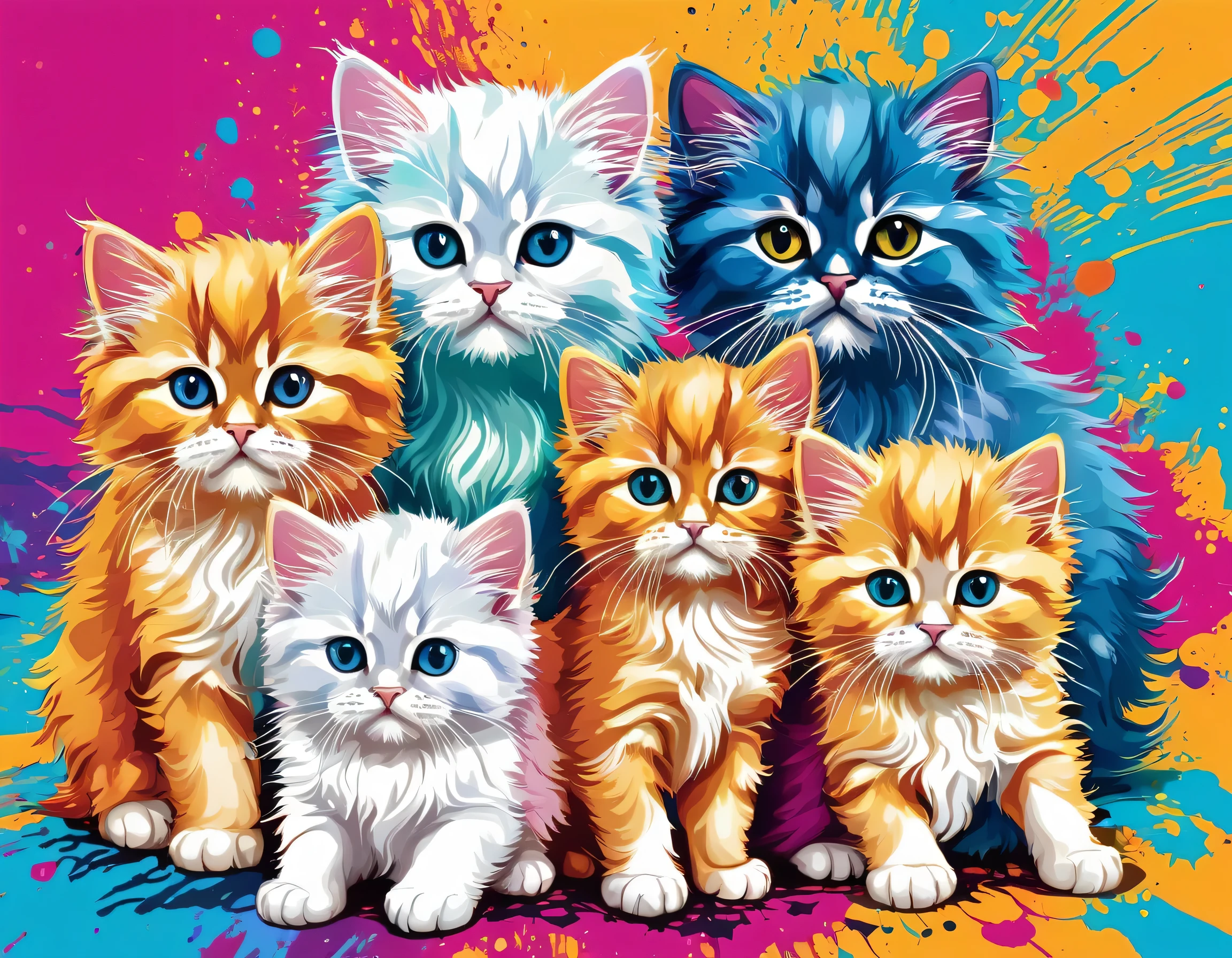 Mai Yoneyama Style, Vector Art, Colorful illustration with lots of cute Persian kittens, In the center, Vibrant colors, Paint splatters and stains, High Detail,Hawaiian style background