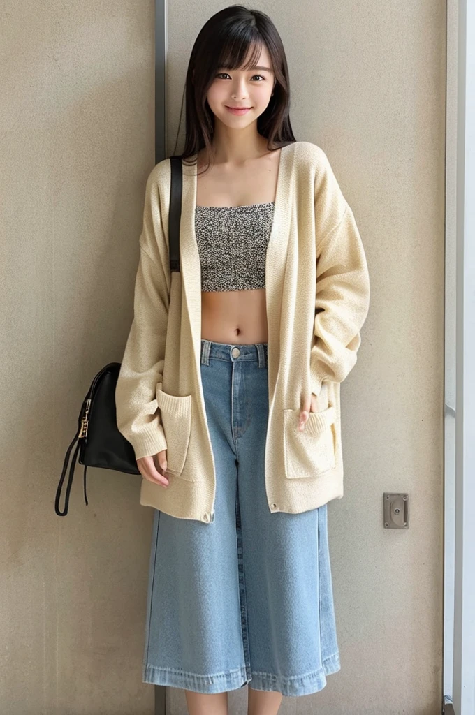 beautiful, University student, Japanese, Spanish, mixed blood, cardigan, big , bare midriff, short-sheeves, whole body, sandal