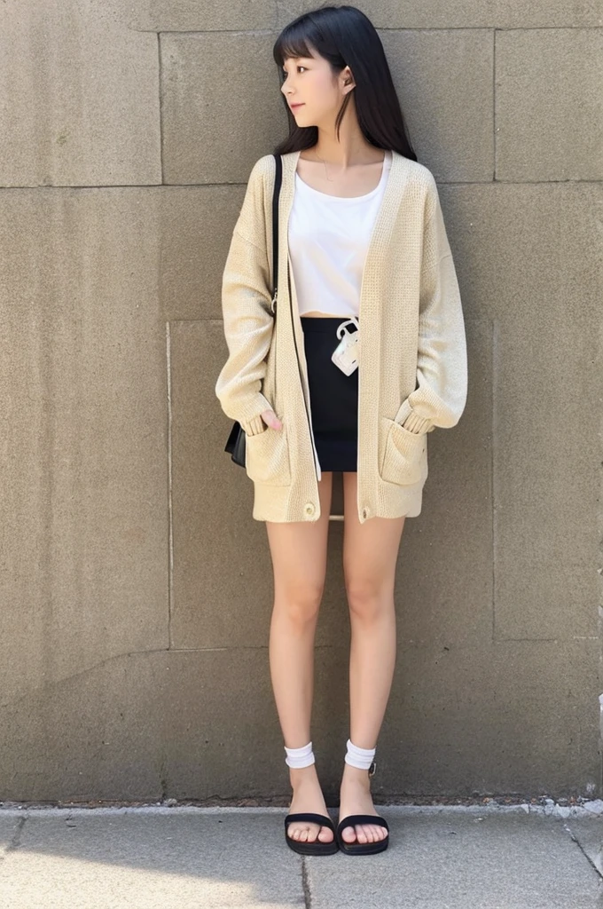 beautiful, University student, Japanese, Spanish, mixed blood, cardigan, big , bare midriff, short-sheeves, whole body, sandal