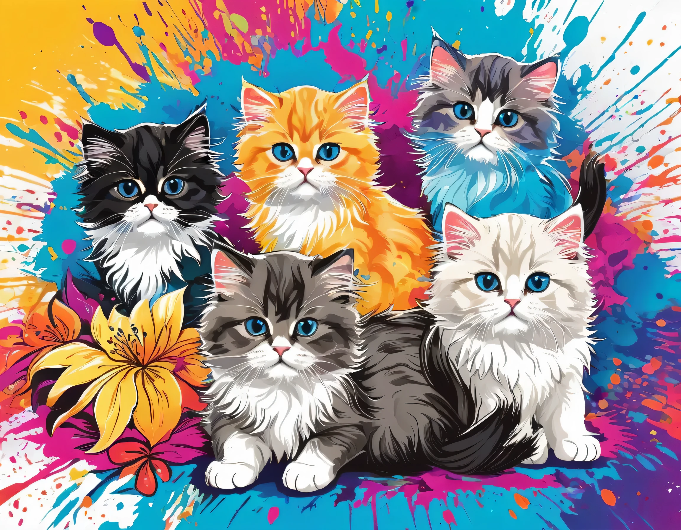 Mai Yoneyama Style, Vector Art, Colorful illustration with lots of cute Persian kittens, In the center, Vibrant colors, Paint splatters and stains, High Detail,Hawaiian style background