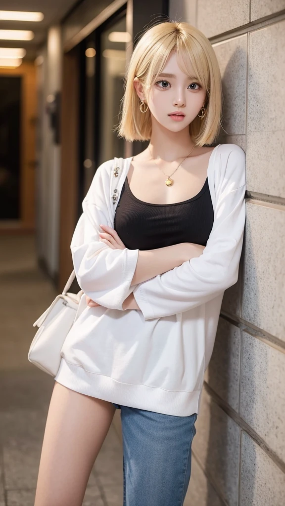 Create a blonde anime girl with very short student clothes, very sexualized earrings and piercings