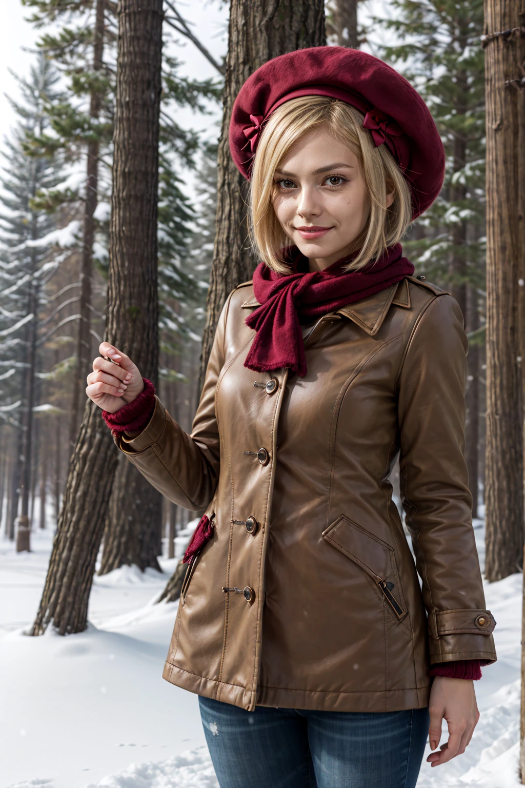 masterpiece, best quality, highres, aalamb, short hair, hair bow, red bow, beret, pink headwear, red eyes, winter clothes, scarf, snow, coat, upper body, smirk, forest