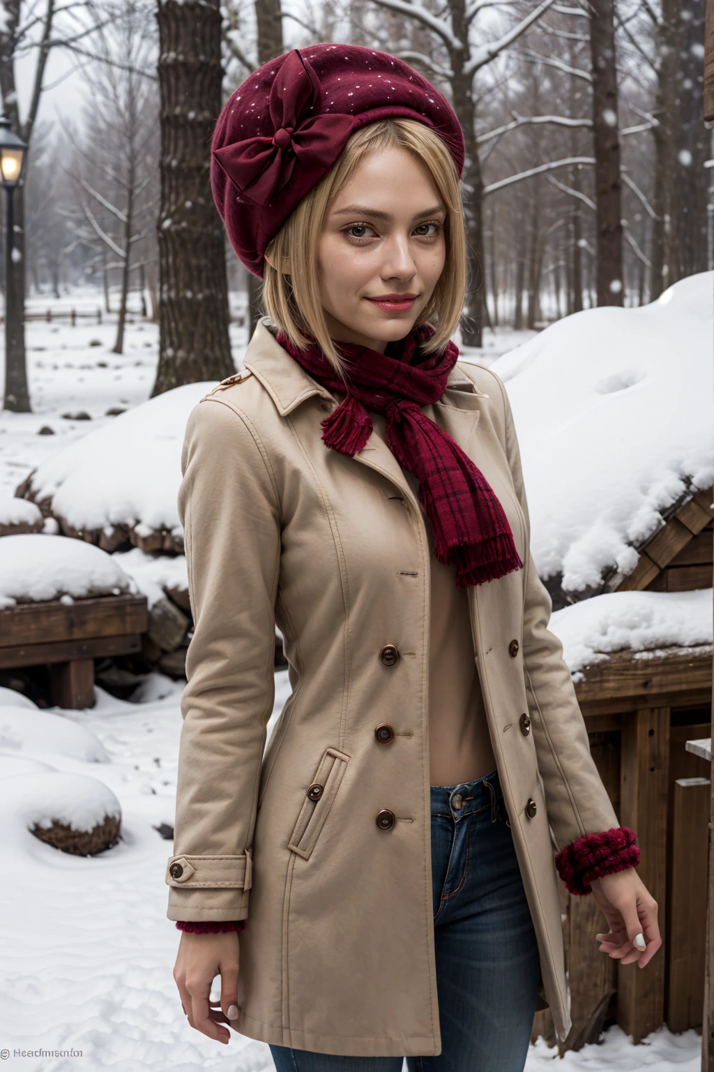 masterpiece, best quality, highres, aalamb, short hair, hair bow, red bow, beret, pink headwear, red eyes, winter clothes, scarf, snow, coat, upper body, smirk, forest