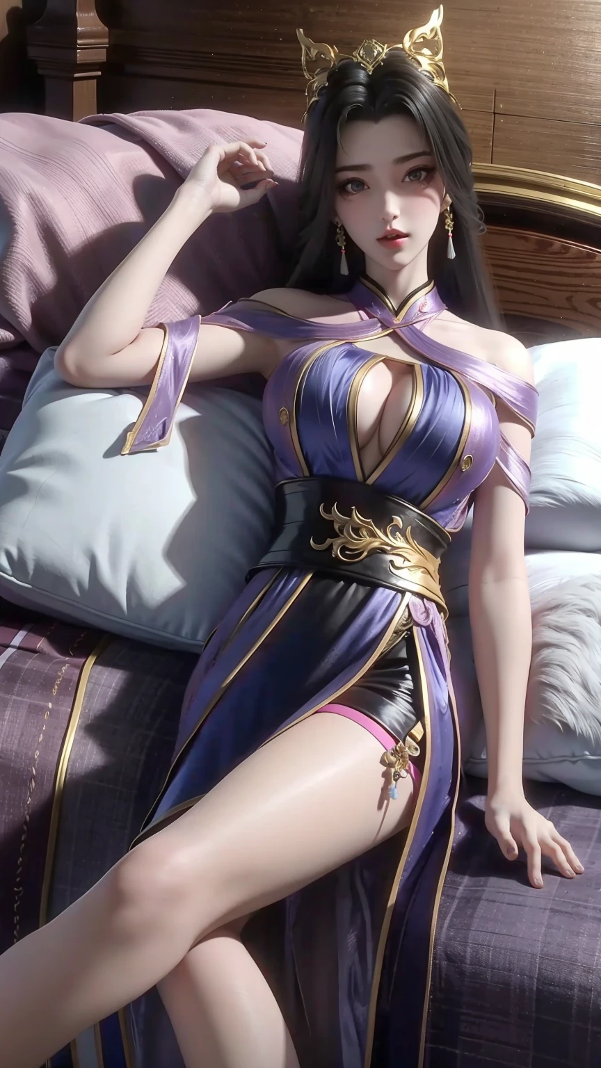 一个女孩Lying in bed,Dressed in suspender pajamas,Face up,Raise your legs slightly,Front view super detailed beautiful big breasted girl . Ultra HD, 4K, 8K, Movie,whole body,Lying down,Long legs,Very big breasts,whole body捕捉,(((Lying in bed))),(((whole bodyLying in bed))),big bed,Off-shoulder,Shoulder-length skirt,Lying in bed,Sleeping on the pillow,Lying down,Headrest pillows,(((平Lying in bed))),whole body平Lying in bed