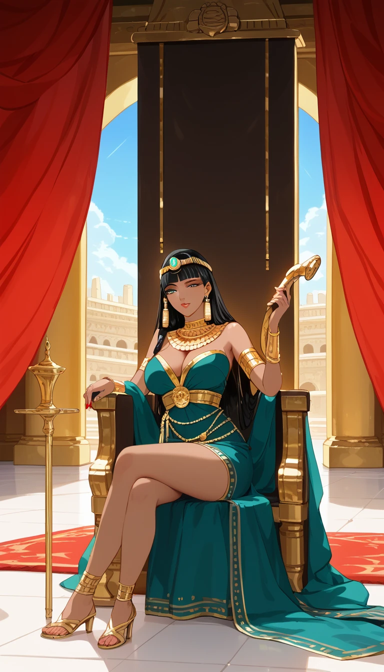 score_9, score_8_up, score_7_up, score_6_up, score_5_up, score_4_up, anime screencap, best quality, masterpiece, very aesthetic, absurdres, 1 woman, brown skin, solo, Cleopatra sits on a luxurious throne in an ancient Egyptian palace, bathed in golden light. She crosses her legs in a gorgeous space surrounded by deep red curtains, giving off an air of dignity and bewitchment. Cleopatra's face is characterized by a long, slightly hooked nose, almond-shaped eyes, full lips, and a rounded chin, and her beauty is unparalleled. Her hair is thick and curly, with ringlets framing her face at the front and a "melon" style at the back. Her costume is a dark green silk dress woven with gold thread, and jeweled gold jewelry sparkles in her hair. The throne is decorated with detailed carvings depicting ancient Egyptian gods and pharaohs. Cleopatra's hand holds an elaborately carved golden staff, and her throne is studded with rubies and emeralds. The floors of the palace are covered with luxurious Persian rugs, and the walls are decorated with vivid paintings depicting ancient Egyptian mythology. Constellations are painted on the ceiling, and sweet-smelling incense smoke rises from the incense burner at your feet.