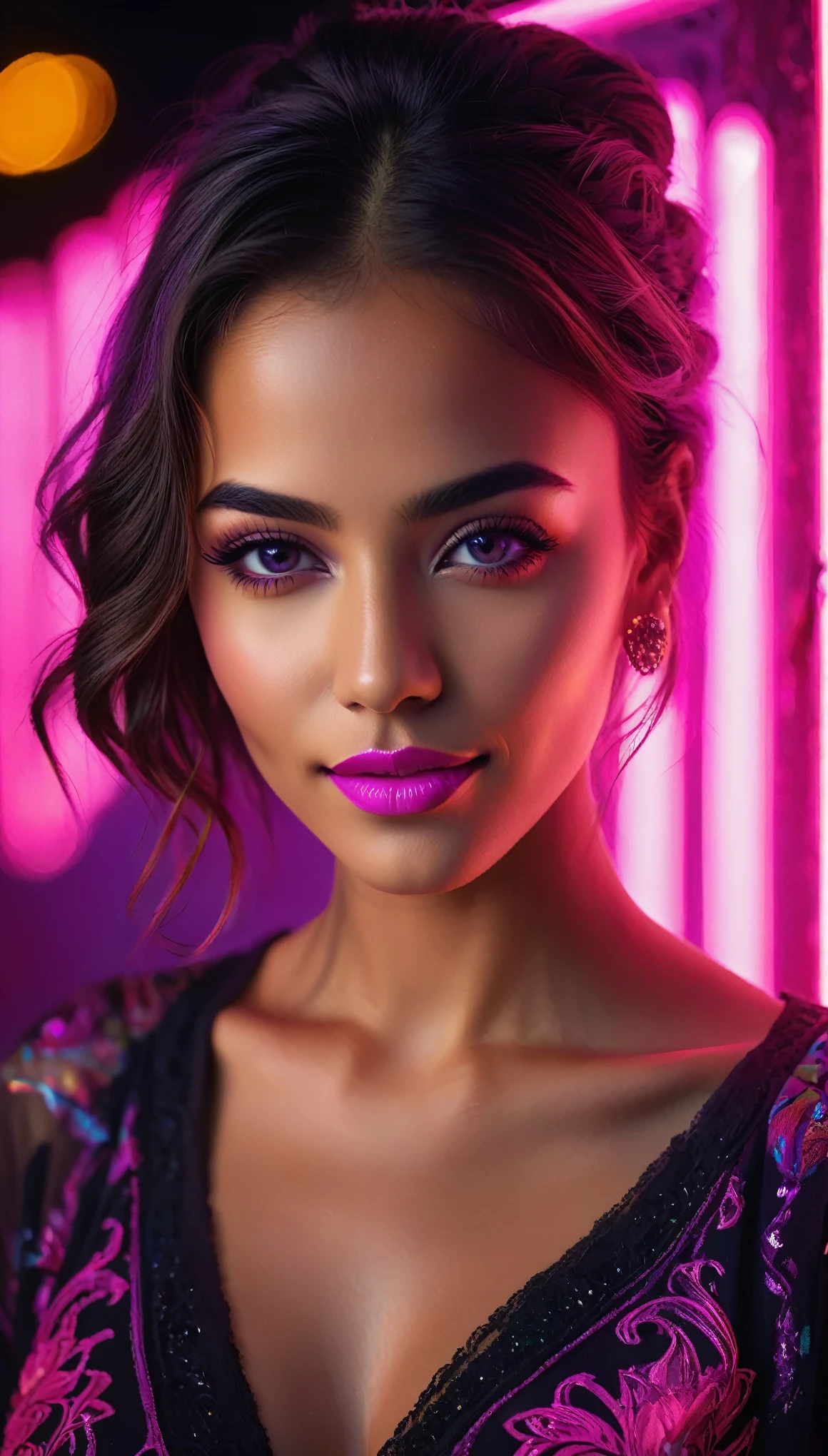 a detailed and ornate portrait of a young woman with a warm, radiant smile, set against a vibrant neon pink graffiti-covered backdrop in a dark night scene, with bright glowing eyes and a striking purple lighting effect, (best quality,4k,8k,highres,masterpiece:1.2),ultra-detailed,(realistic,photorealistic,photo-realistic:1.37),extremely detailed facial features,beautiful detailed eyes,beautiful detailed lips,extremely detailed eyes and face,longeyelashes,intricate ornate decorations,food items,studio lighting,vivid colors,professional,dark moody atmosphere