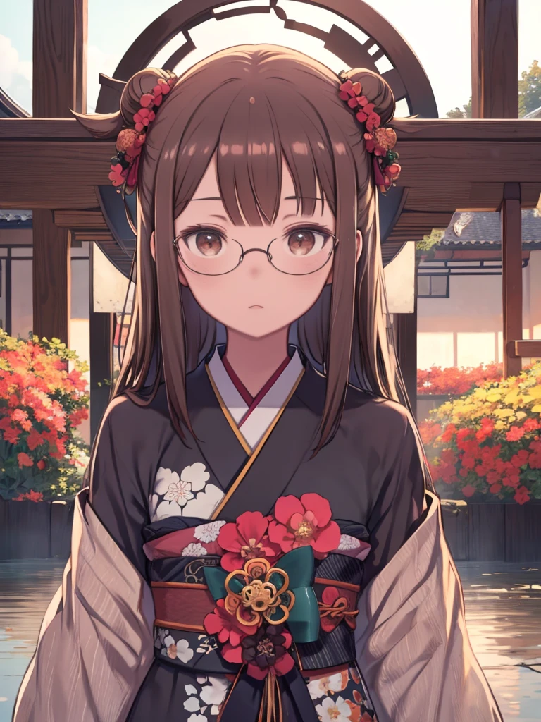 1 female、Brown Hair(length)、Brown eyes、Black round glasses、 Highest quality、Very detailed、8K resolution、RAW Photos、Pieces fly、Fascinating 、Gorgeous face、Perfect body、kimono、shrine