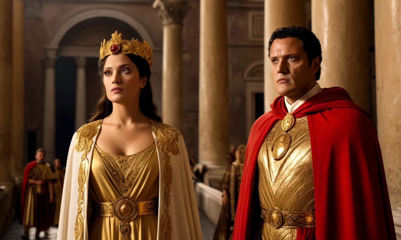 Julio Cesar, at the height of his middle age, radiates authority and charisma. Dressed in his gold-embroidered robes and iconic red cape, his deep eyes reflect the wisdom and determination of a leader. Next to you, Calpurnia, sua esposa, emanates a serenity that contrasts with the intensity of the Roman emperor. The scene captures the power and elegance of the couple in the heart of Rome.