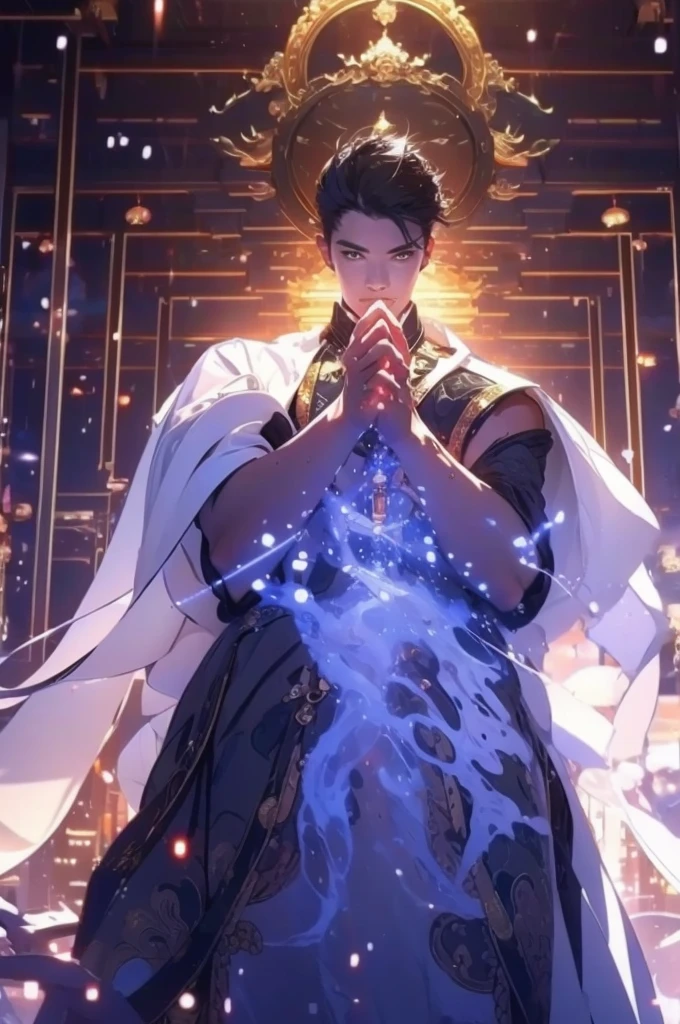 a man in a white robe, black hair, a sword in his left hand, young and handsome man, ponytail, waist-length hair, ancient Chinese clothing, qi, a huge saber, background of ancient Chinese buildings, night, powerful character, purple rays, a beautiful landscape. Detailed face, thick eyebrows, black eyes, 8k, robe embroidered with gold edges, detailed clothing, xianxia, world of cultivation. ((upper body))