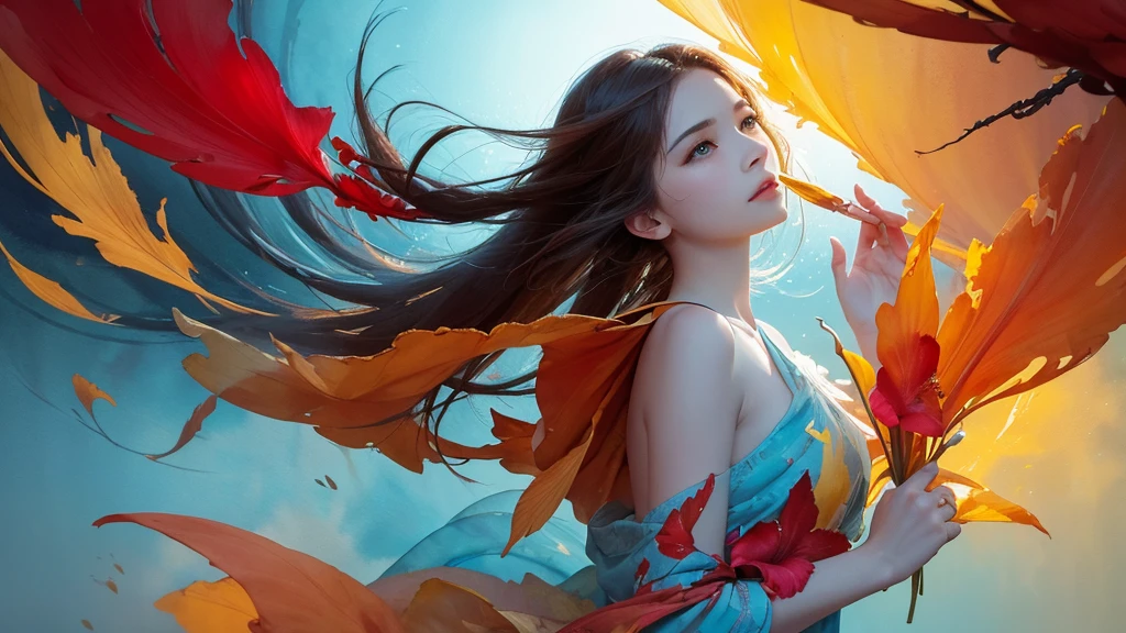 32k, Masterpiece, Highest quality, One girl, Detailed eyes, flower,gladiolus, Yellow and red style,A dreamy, romantic piece,Pale yellow, Mysterious Leaves,A playful arrangement,Fantasy,High Contrast,Ink strokes,explosion,Exposure, Impression of light blue and red tones,Abstract,((Watercolours by John Berkey and Jeremy Mann )) Brush strokes,Negative Space, Tyndall effect,