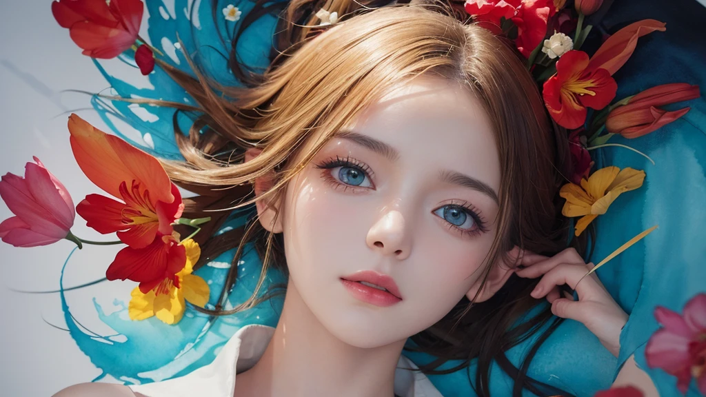 32k, Masterpiece, Highest quality, One girl, Detailed eyes, flower,gladiolus, Yellow and red style,A dreamy, romantic piece,Pale yellow, Mysterious Leaves,A playful arrangement,Fantasy,High Contrast,Ink strokes,explosion,Exposure, Impression of light blue and red tones,Abstract,((Watercolours by John Berkey and Jeremy Mann )) Brush strokes,Negative Space, Tyndall effect,