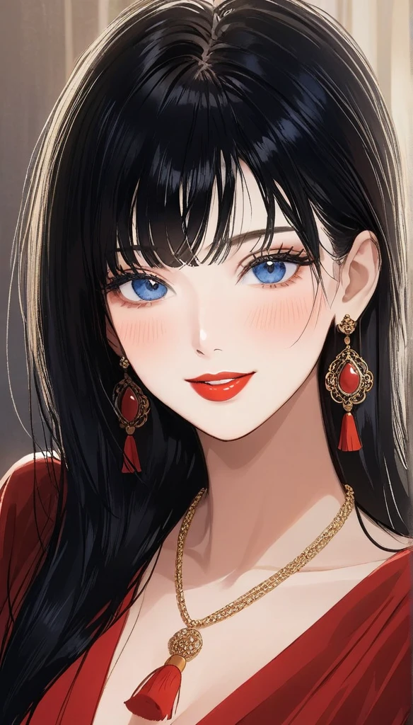 Hot sexy beautiful women , detailed lips , detailed blue eyes, big traditional heavy long tassel earrings , alluring face, necklace , detailed red lipstick ,black hair, blush , makeup , smiling