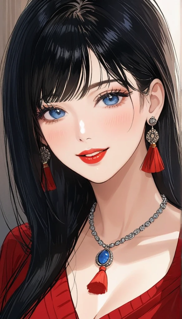 Hot sexy beautiful women , detailed lips , detailed blue eyes, big traditional heavy long tassel earrings , alluring face, necklace , detailed red lipstick ,black hair, blush , makeup , smiling