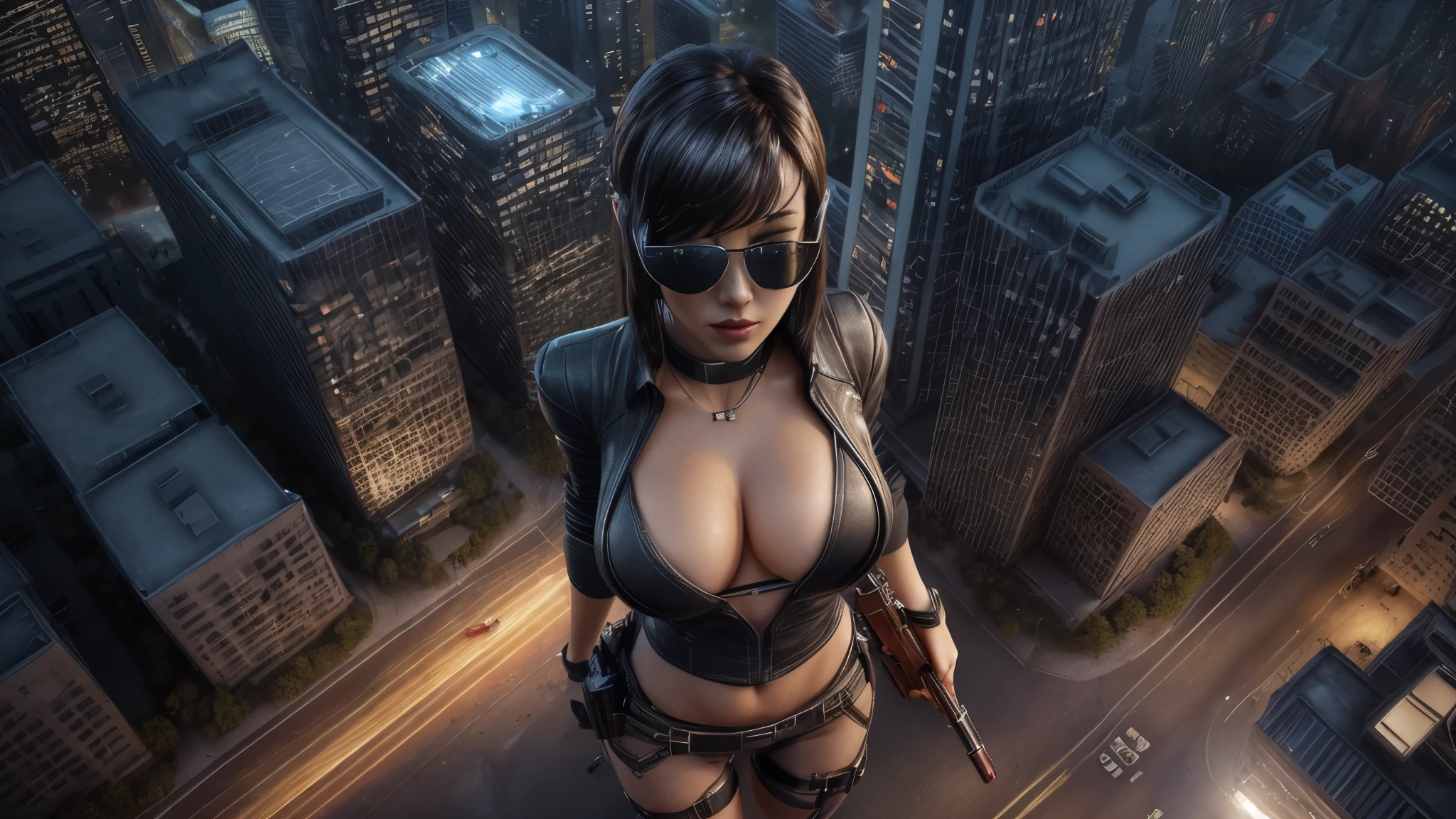 (((at night))), FPS gaming screen view, rooftop, (((high angle view))) of cyberpunk city, unreal engine 5 rendering, (((1Girl, solo))), large breasts, Chest exposed, breast cleavage, wide open ass, slim waist, dynamic seductive pose, ((​masterpiece:1.2)), top-quality, official art, detailed CG Unity 8K Wallpapers, artbook, Expressive Hues, Vibrant Palette, B deficiency and white clothes, (((matrix style black micro sunglasses))), (((((aiming with a short gun))))), (((looking at camera))), (((very low view))), (((thigh level medium:0.9 shot))).