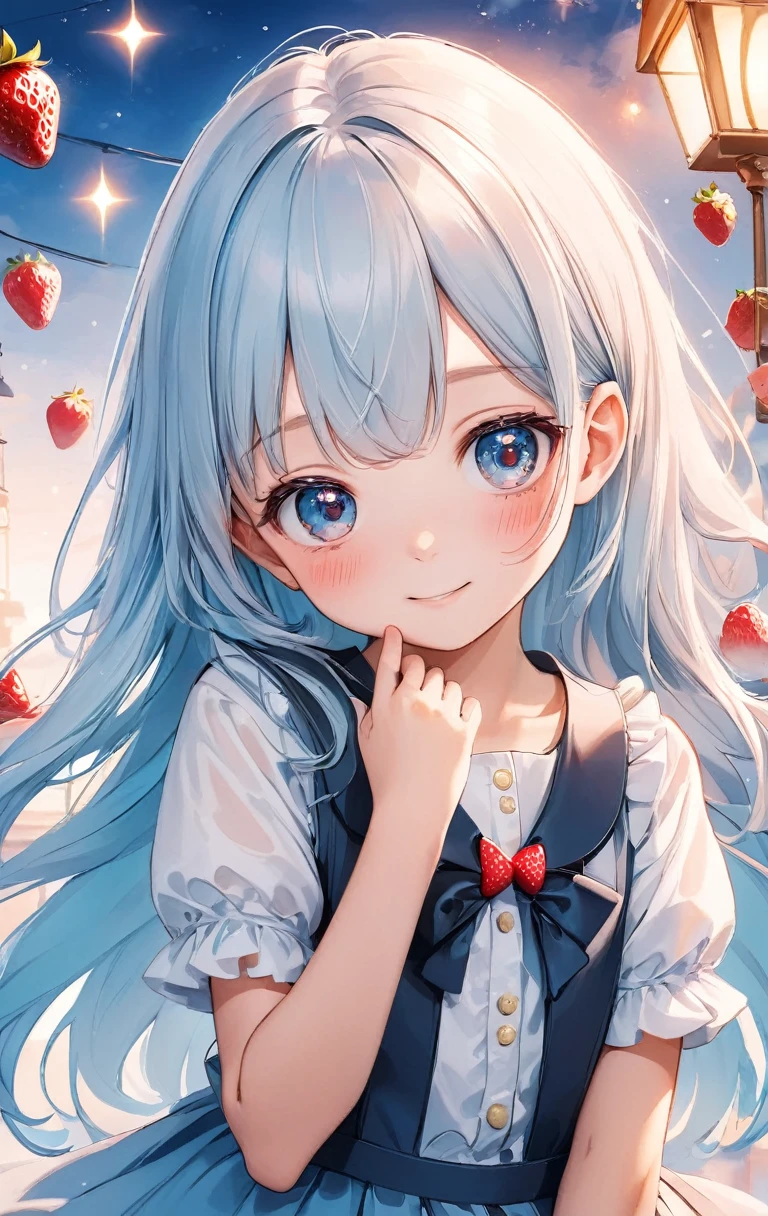 girl,cute, ,(((( light blue long hair)))),light blue hair, ,10 years old,loli, long hair ((blush)) , cute face, big eyes, masterpiece, best quality,(((((a very delicate and beautiful girl))))),Amazing,beautiful detailed eyes,blunt bangs((((little delicate girl)))),tareme(true beautiful:1.2), sense of depth,dynamic angle,,,, affectionate smile, (true beautiful:1.2),,(tiny 1girl model:1.2),)(flat chest),,(long hair with curls,:1.2),(With bangs),(Strawberry-colored eyes:1.2),(Eye size:1.5),(Strawberry motif dress:1.3),(Strawberry garnish:1.6),(🍓🍓🍓🍓:1.5),(Shining Light:1.35),(Model pose:1.3),(Strawberry colored loafers:1.4),(Strawberry colored hair accessory:1.3)
