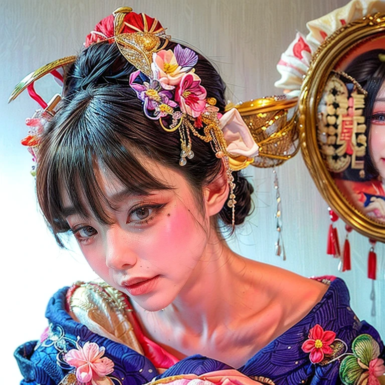 (PUNIPUNI clavicle KIMONO ((offshoulder)) KANZASHI FlowerHairpins Topknot TwinBun Oiran-Hair)High-level, 8K Masterpiece TopQuality, Ultra-detailed CG, Absurd detailed wallpaper, PerfectLighting, Extremely detailed (((Personifying " OIRAN " as a KAWAII Girl))), Characteristic Items, aesthetic LifeLike Rendering, MysticSight, Haze Tyndall Scattering, (Studio GRAY Background with (Oodles Dazzling Iridescent 🌈Particles (BokeH))), (((Assfocus)) RoundlyButt) ThighGap, (Exposed:0.44) 🔞 BREAK (Acutance:0.8), (NOGIZAKA FaceVariations) Extremely Detailed very KAWAII FaceVariations, Childish CaptivatingGaze ElaboratePupils ParfectEyes with (SparklingHighlights:1.28), (Voluminous LongEyelashes:0.88), 💄💋✨ GlossyRedLips with BeautifulDetails, CoquettishTongue, PUNIPUNI RosyCheeks, Radiant PearlSkin with Transparency, Glowing DowneyHair . { (Dynamic LifeLike expressions:1.4) | (:d) }, (large eyes:-1) .