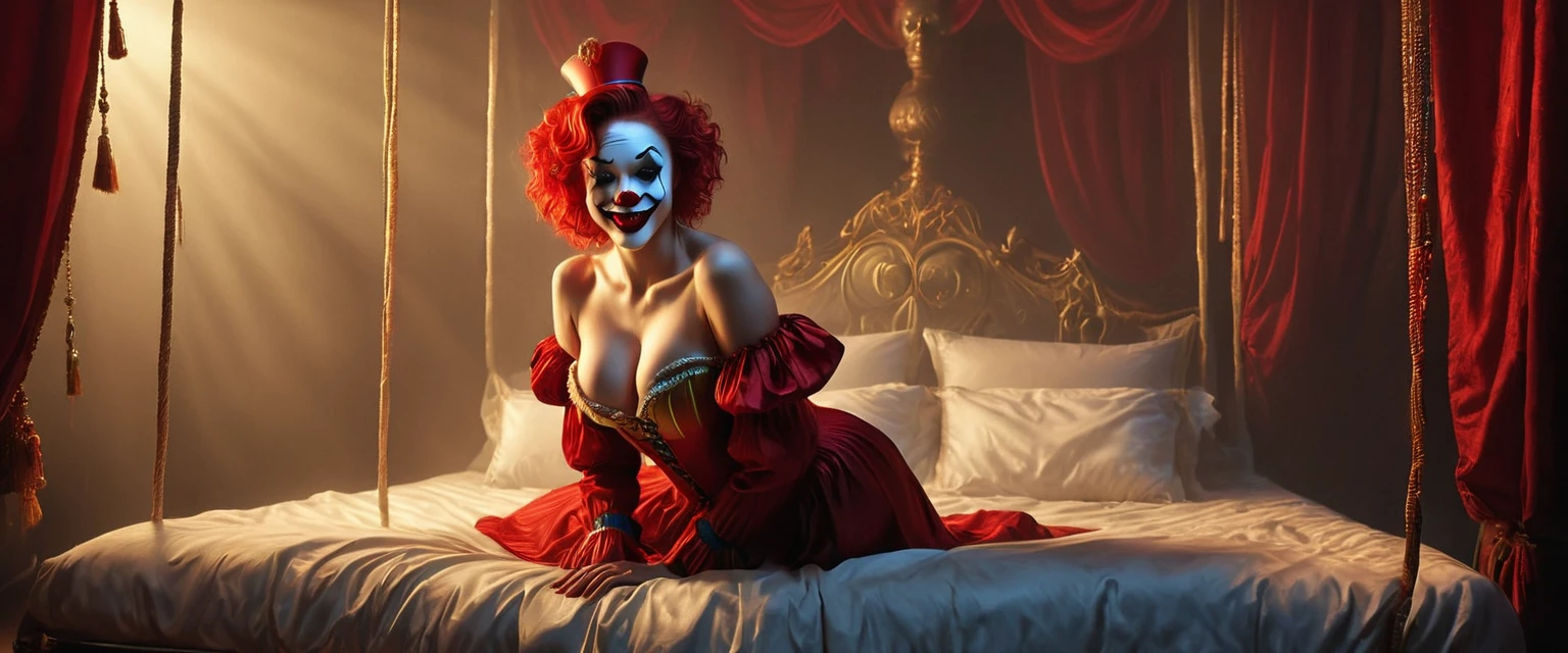 (masterpiece, 8K, UHD, RAW), a sexy girl kissing a evil clown in bed, (((a beautiful young woman riding on top of one huge horrific circus clown with a red nose))), (she rides the male Clown with lustful femininity), her beautiful body is covered by a sheer translucent white tunic with Art Nouveau embroidery, big sexy perky breasts, her pristine delicate features contrasts with the horrendous menacing fangs of the corrupted male clown, full body vibrant illustrations, intricately sculpted, realistic hyper-detailed portraits, queencore, depicts real life, the scene happens in a luxurious Art Nouveau boudoir with studio illumination, red and yellow silk satin, Sexy smile,