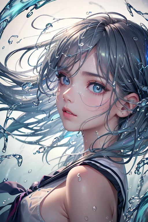 (masterpiece), (high quality), (photo realistic),
(high angle from side), (looking camera), (face close-up), (dark gray background),
1girl, rainbow mesh pastel color hair, hair blowing in the wind, multi color iris, naked eye, shining lips, jewelry, school sailor suit, golden grow ivy, optical prism, (splash of water:1.5),