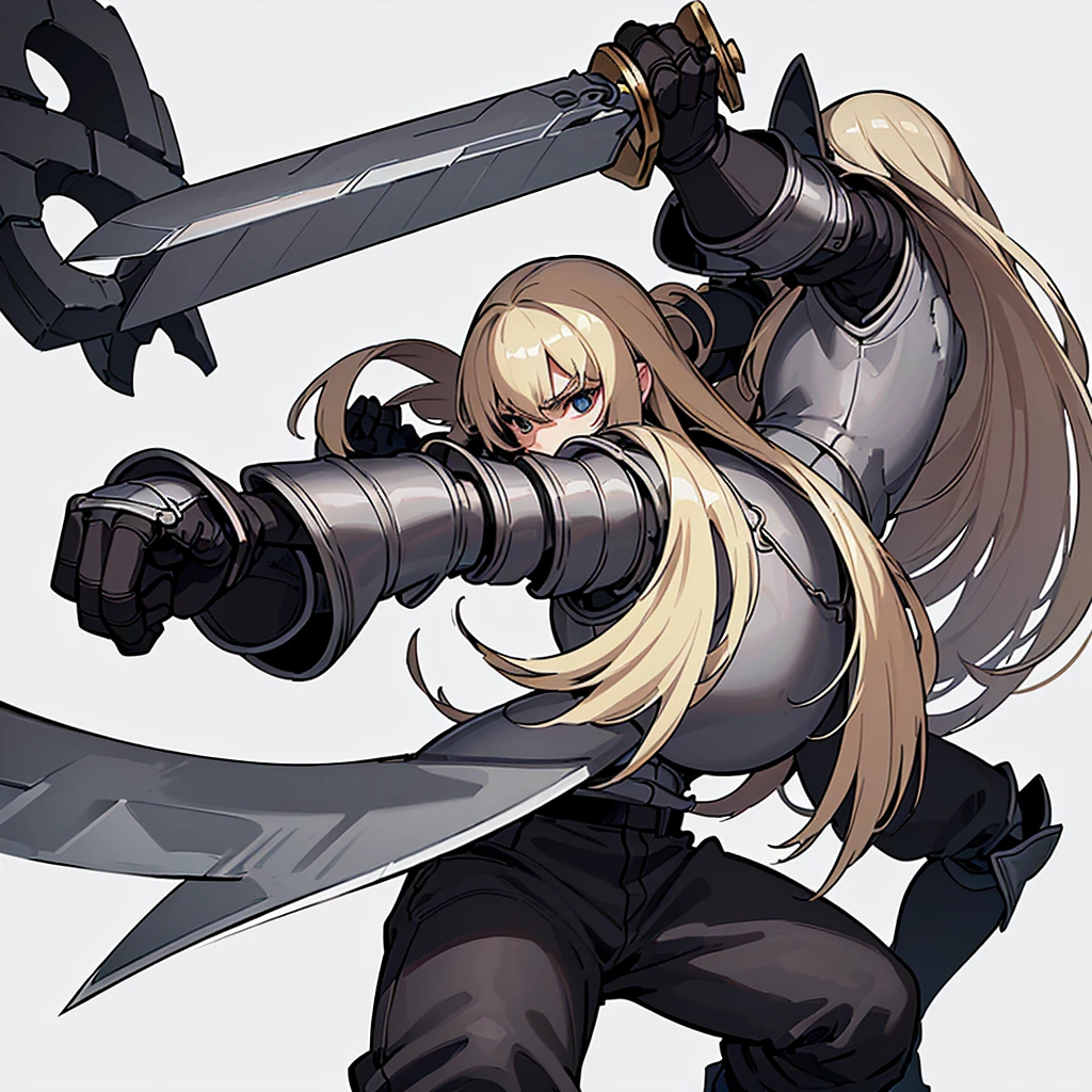 (((Solo)))、Highest quality, Best Quality、8K、Best illustrations、(Full body character concept、detailed)、(((Gray simple armor、Black trousers、Black gloves))、(woman、18-year-old)、(Blonde、Long Hair)、(((Grab the sword)))、(White background)、(Fighting stance,)、Dramatic Angle、(From below)