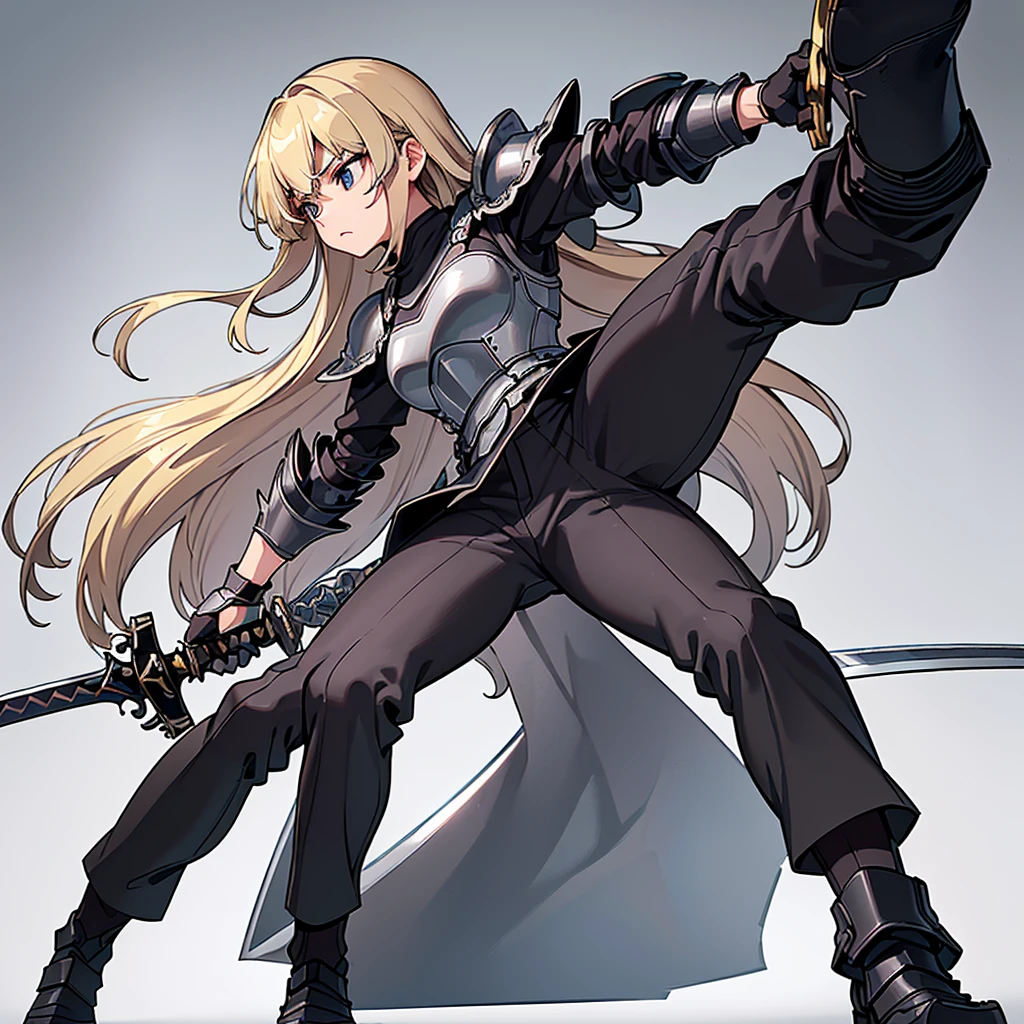 (((Solo)))、Highest quality, Best Quality、8K、Best illustrations、(Full body character concept、detailed)、(((Gray simple armor、Black trousers、Black gloves))、(woman、18-year-old)、(Blonde、Long Hair)、(((Grab the sword)))、(White background)、(Fighting stance,)、Dramatic Angle、(From below)